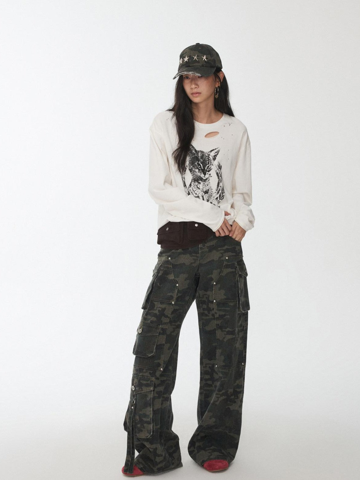 1JINN STUDIO American Vintage Cat Print Washed Distressed Women&