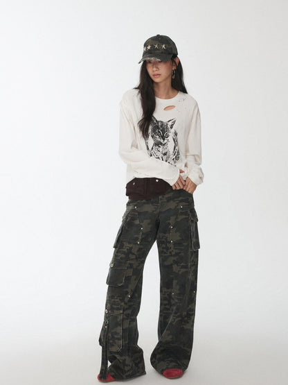1JINN STUDIO American Vintage Cat Print Washed Distressed Women&