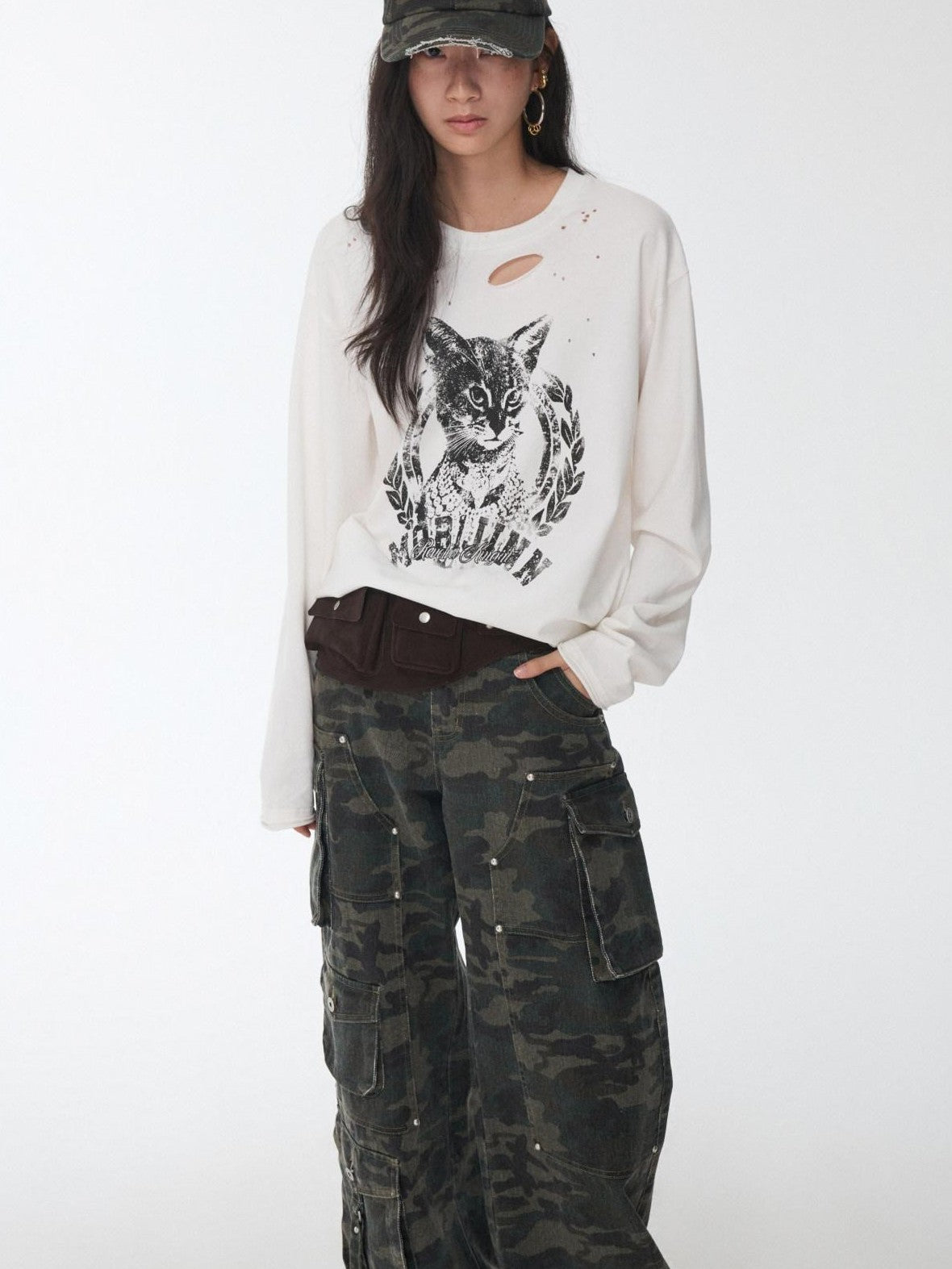 1JINN STUDIO American Vintage Cat Print Washed Distressed Women&