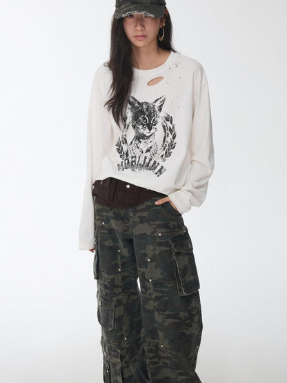 1JINN STUDIO American Vintage Cat Print Washed Distressed Women&