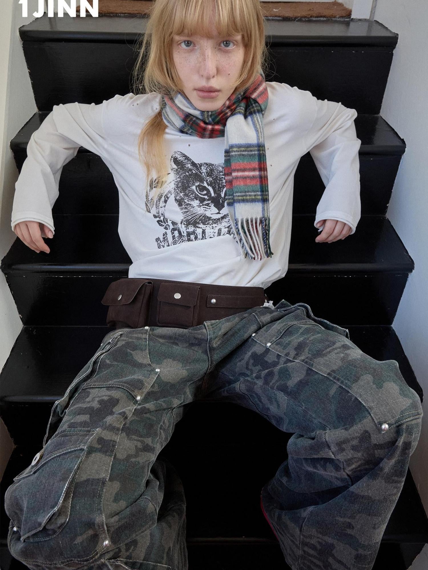 1JINN STUDIO American Vintage Cat Print Washed Distressed Women&