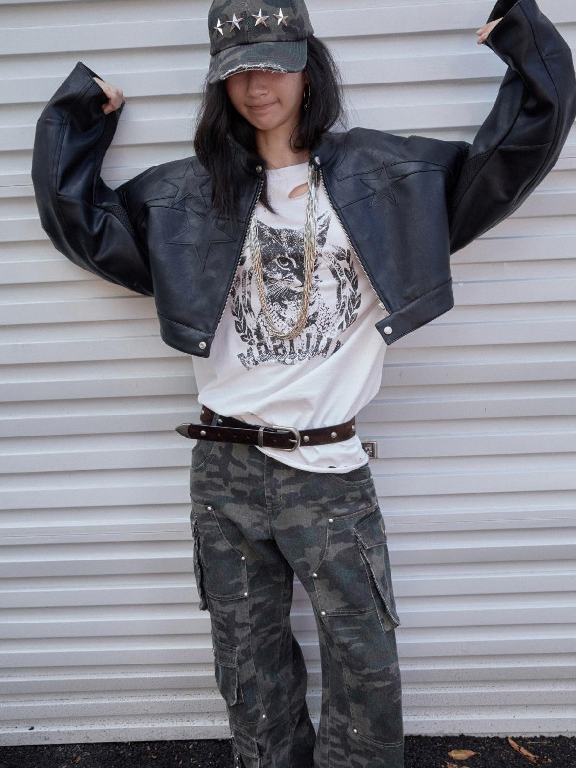1JINN STUDIO American Vintage Cat Print Washed Distressed Women&