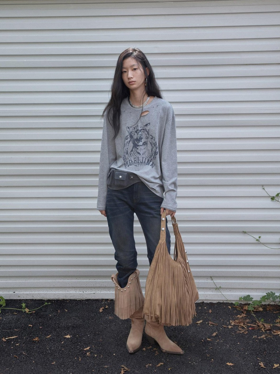 1JINN STUDIO American Vintage Cat Print Washed Distressed Women&