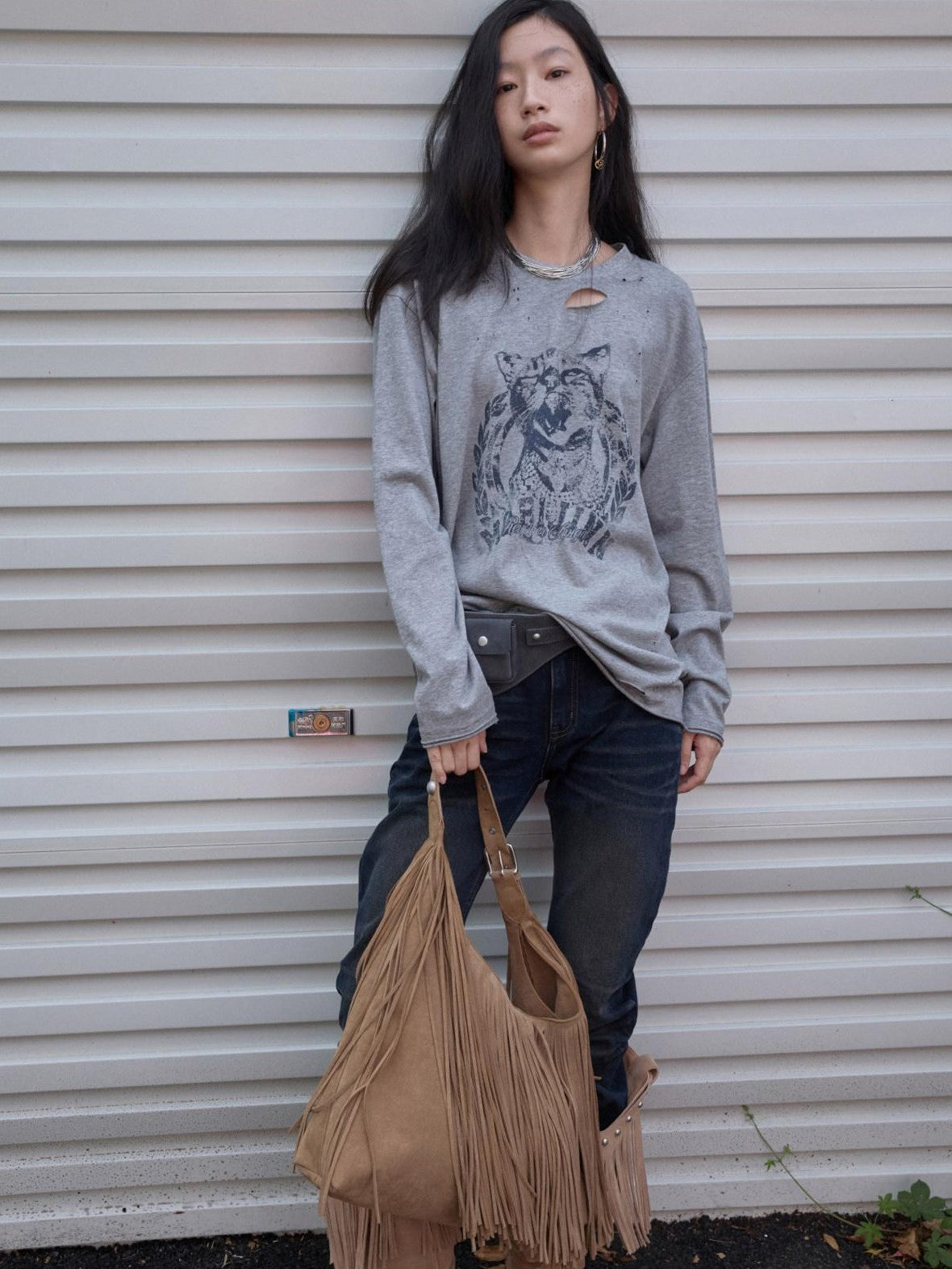 1JINN STUDIO American Vintage Cat Print Washed Distressed Women&
