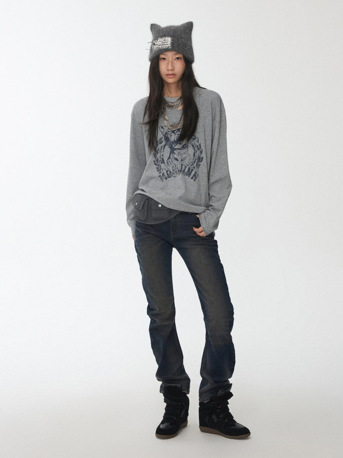 1JINN STUDIO American Vintage Cat Print Washed Distressed Women&