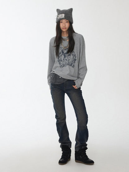 1JINN STUDIO American Vintage Cat Print Washed Distressed Women&