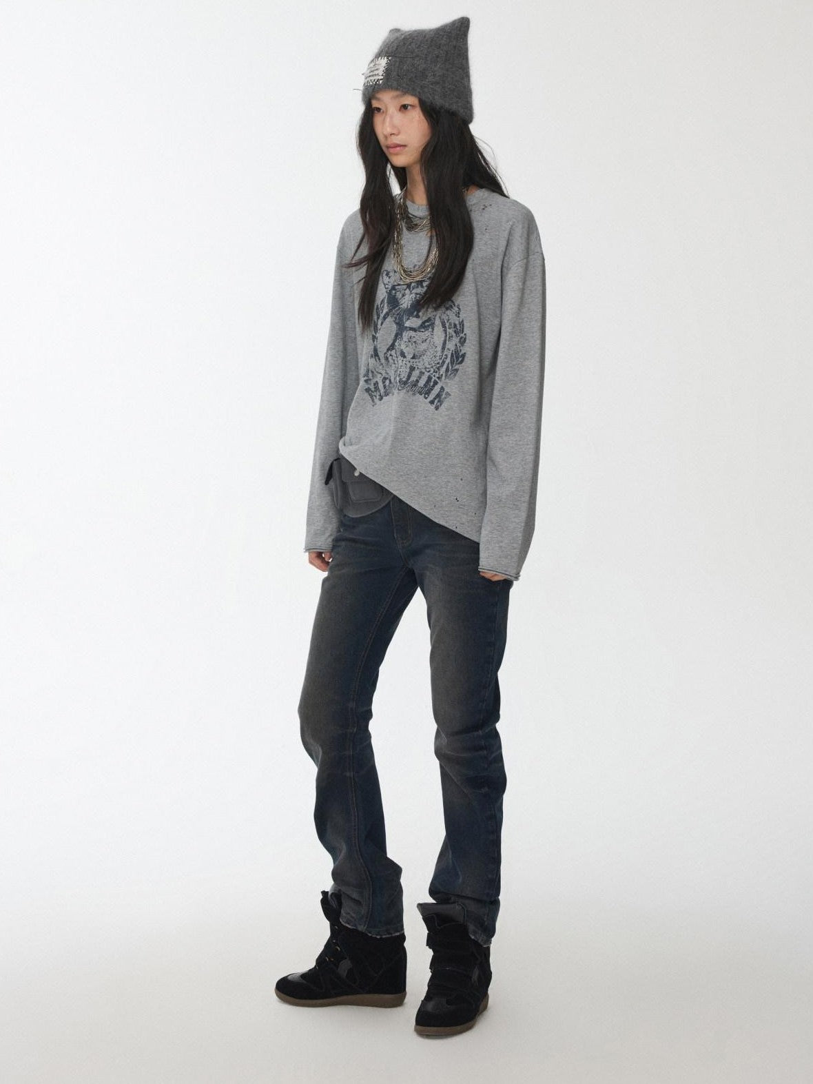 1JINN STUDIO American Vintage Cat Print Washed Distressed Women&
