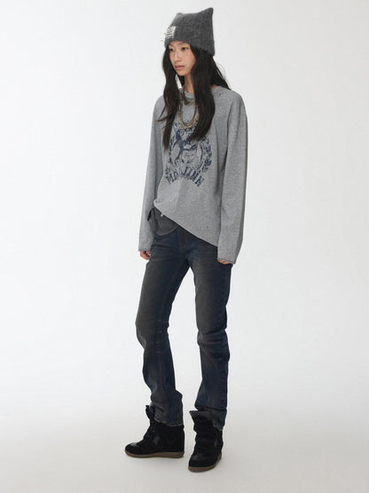 1JINN STUDIO American Vintage Cat Print Washed Distressed Women&