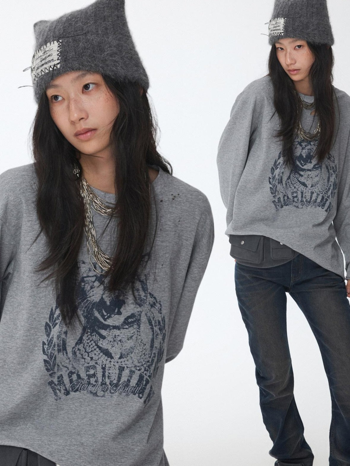 1JINN STUDIO American Vintage Cat Print Washed Distressed Women&