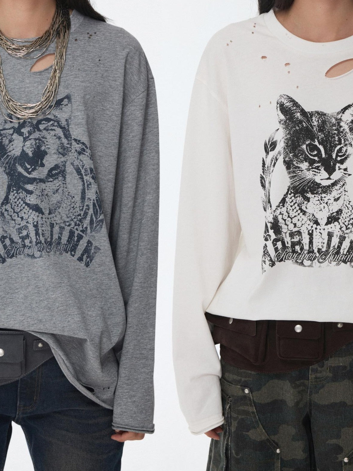 1JINN STUDIO American Vintage Cat Print Washed Distressed Women&