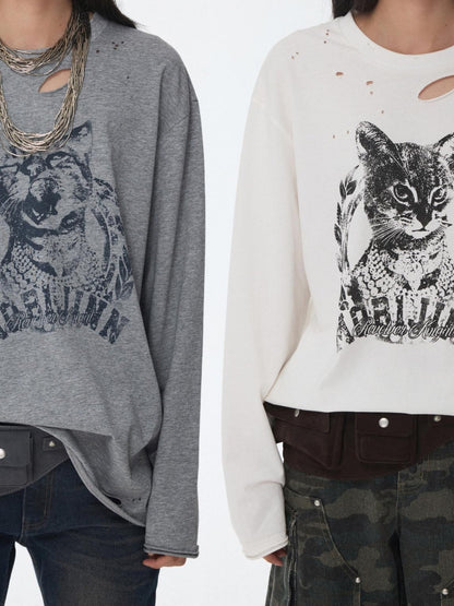 1JINN STUDIO American Vintage Cat Print Washed Distressed Women&