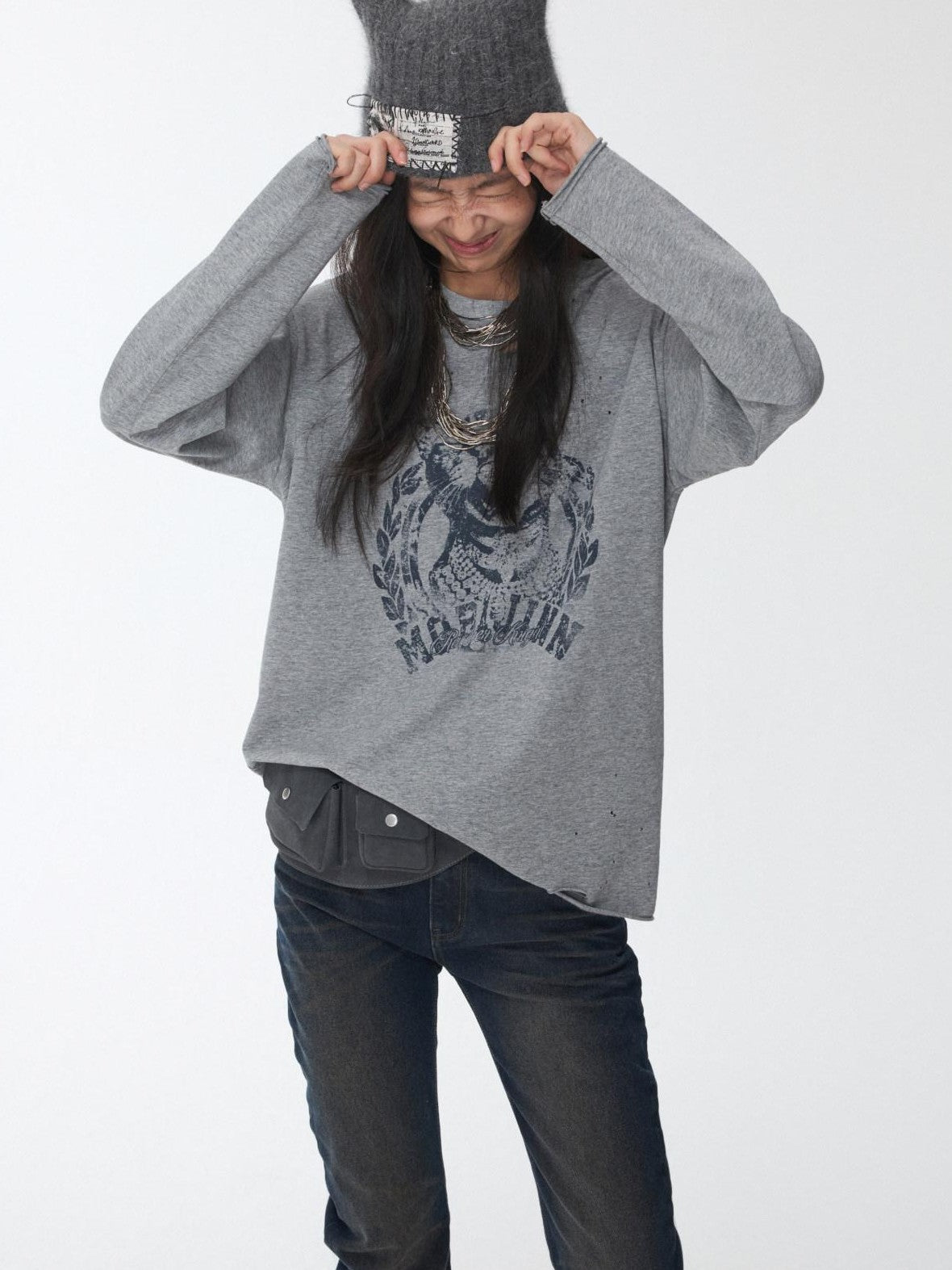 1JINN STUDIO American Vintage Cat Print Washed Distressed Women&