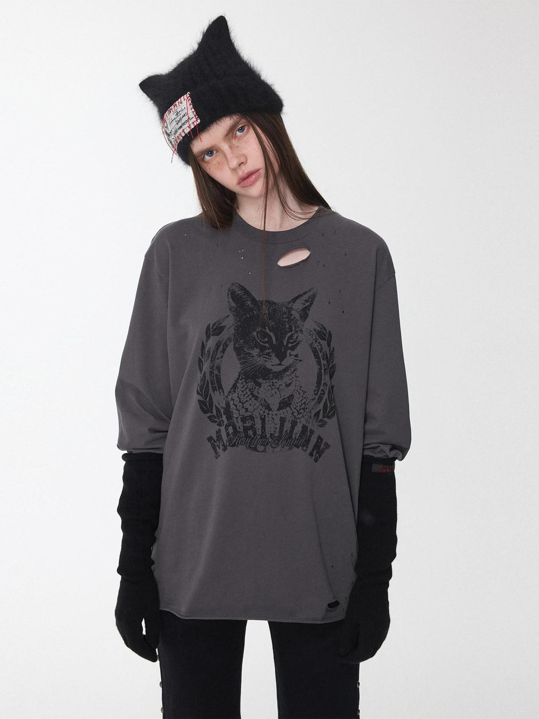 1JINN STUDIO American Vintage Cat Print Washed Distressed Women&