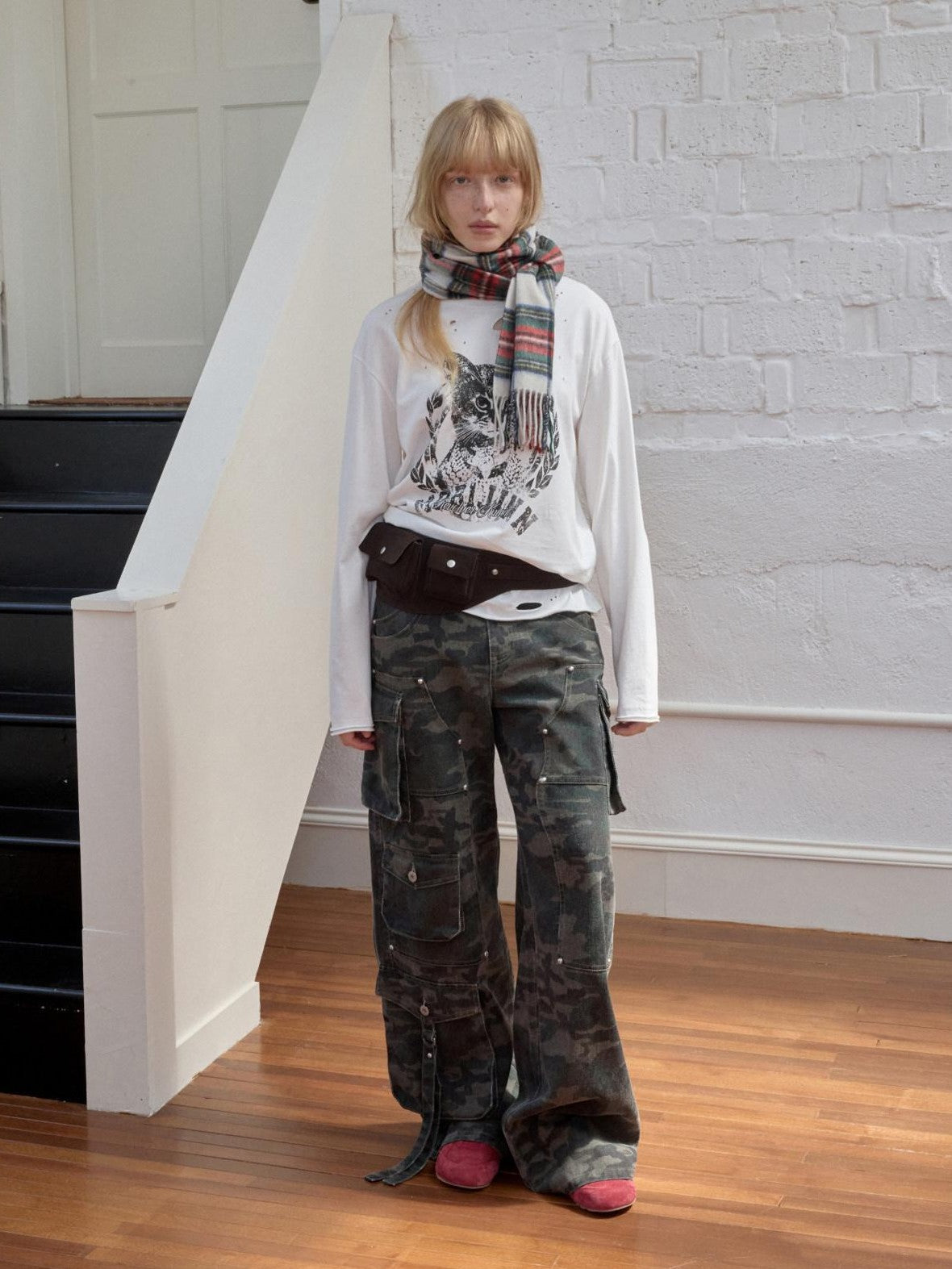 1JINN STUDIO American Vintage Cat Print Washed Distressed Women&