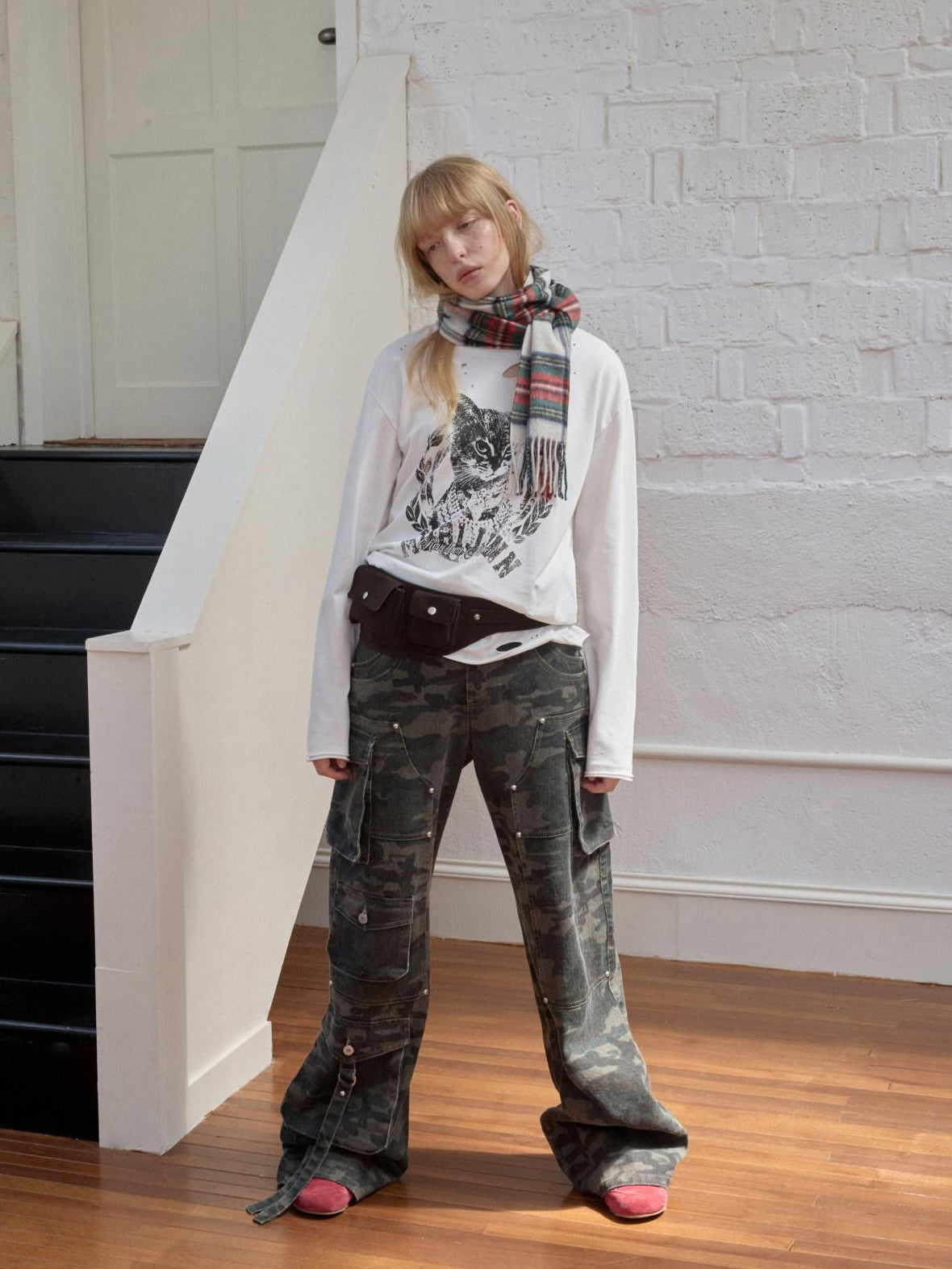 1JINN STUDIO American Vintage Cat Print Washed Distressed Women&