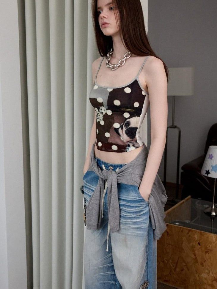 1JINN STUDIO Animal Print Polka Dot Slimming Sleeveless Cropped Women&