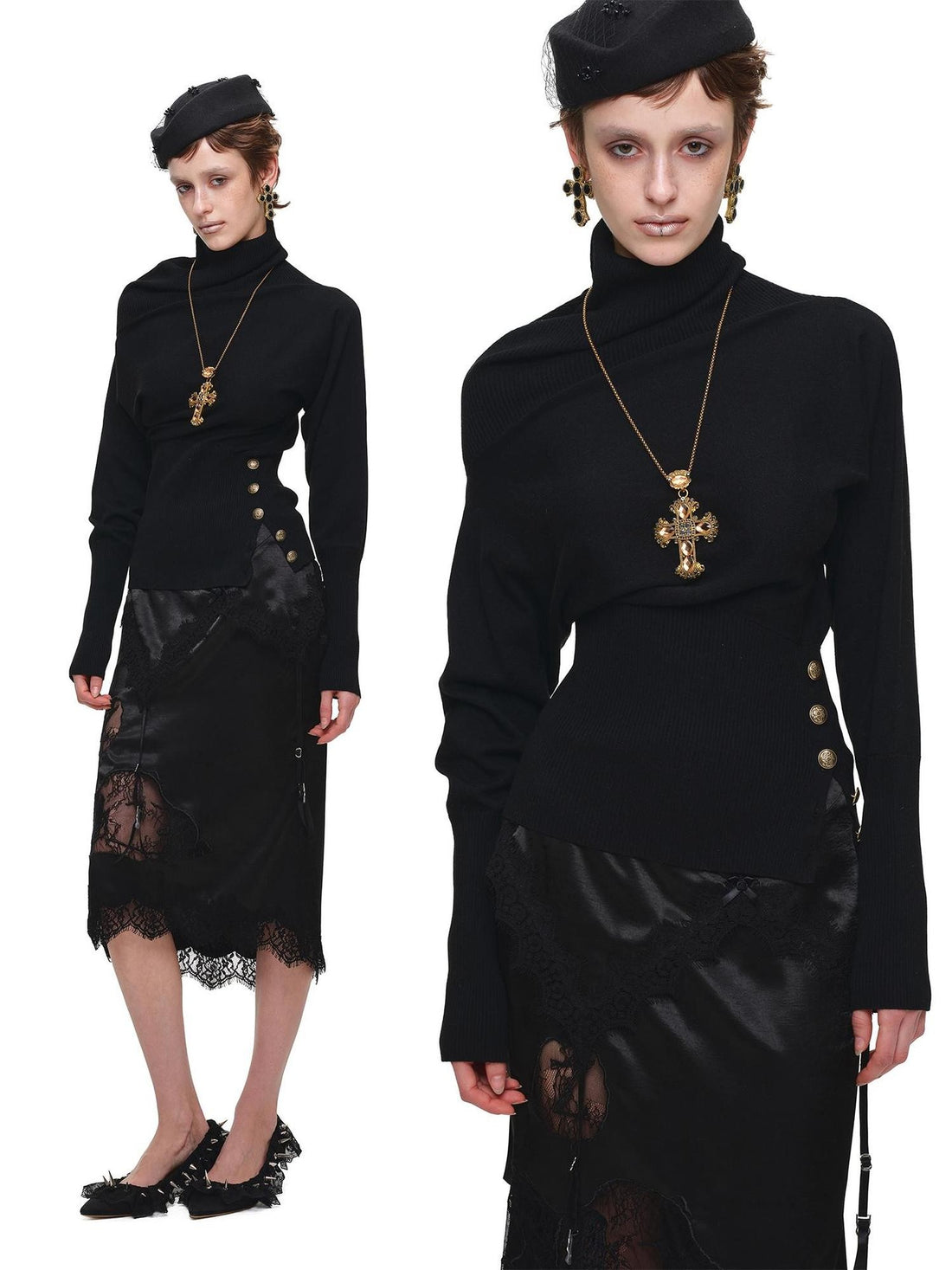 1JINN STUDIO Asymmetric Batwing Sleeve Waist Fitted Cashmere Women&