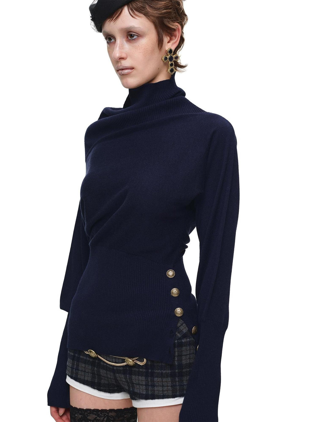 1JINN STUDIO Asymmetric Batwing Sleeve Waist Fitted Cashmere Women&