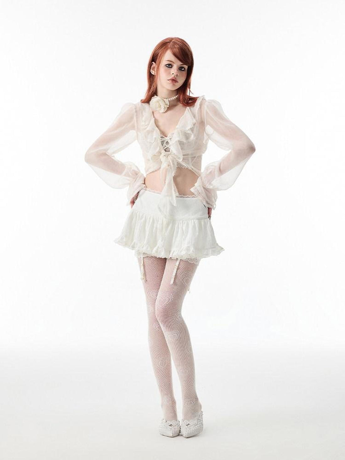 1JINN STUDIO Ballet Lace Trim Pleated Mid Waist Aline Women&