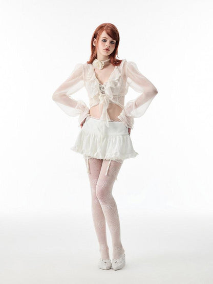 1JINN STUDIO Ballet Lace Trim Pleated Mid Waist Aline Women&