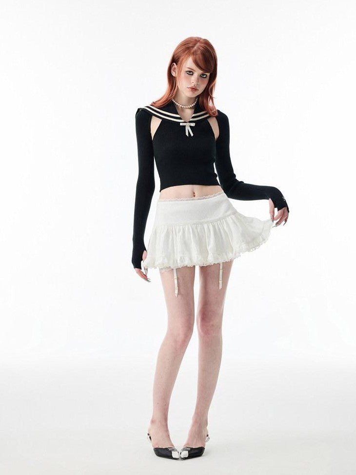 1JINN STUDIO Ballet Lace Trim Pleated Mid Waist Aline Women&