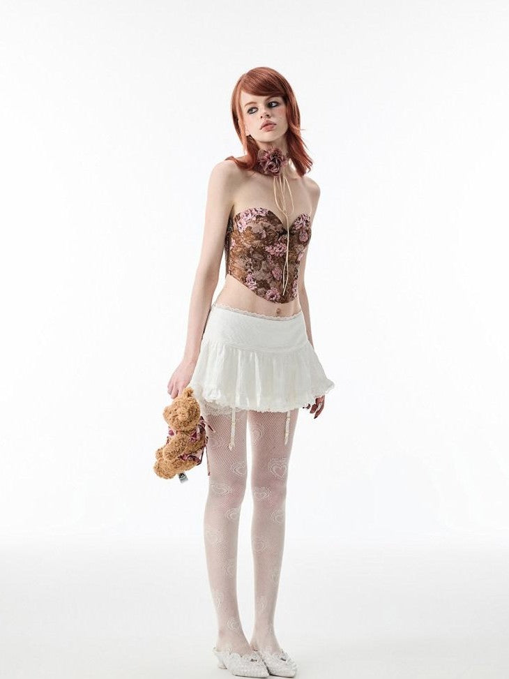 1JINN STUDIO Ballet Lace Trim Pleated Mid Waist Aline Women&