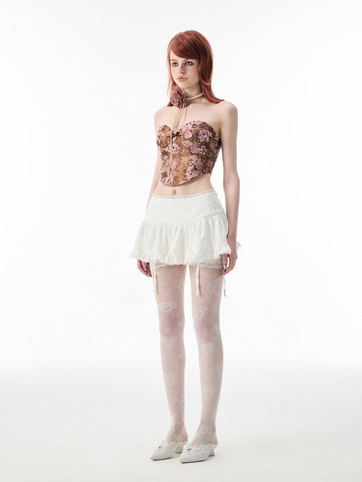 1JINN STUDIO Ballet Lace Trim Pleated Mid Waist Aline Women&