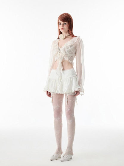 1JINN STUDIO Ballet Lace Trim Pleated Mid Waist Aline Women&