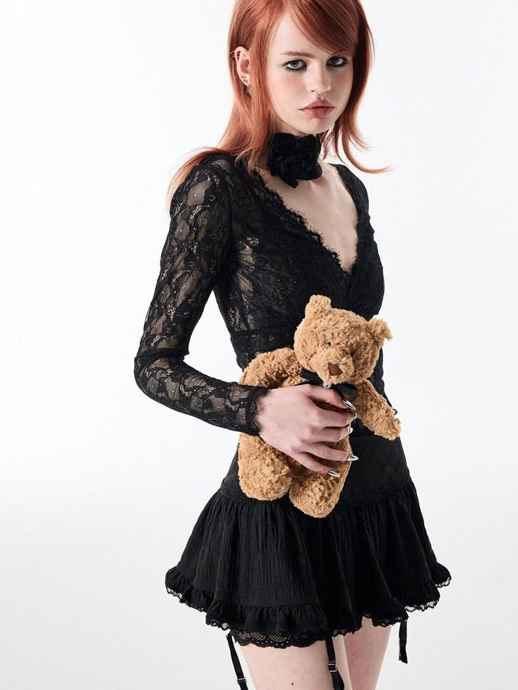 1JINN STUDIO Ballet Lace Trim Pleated Mid Waist Aline Women&