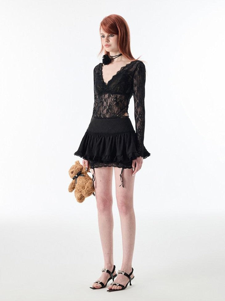 1JINN STUDIO Ballet Lace Trim Pleated Mid Waist Aline Women&