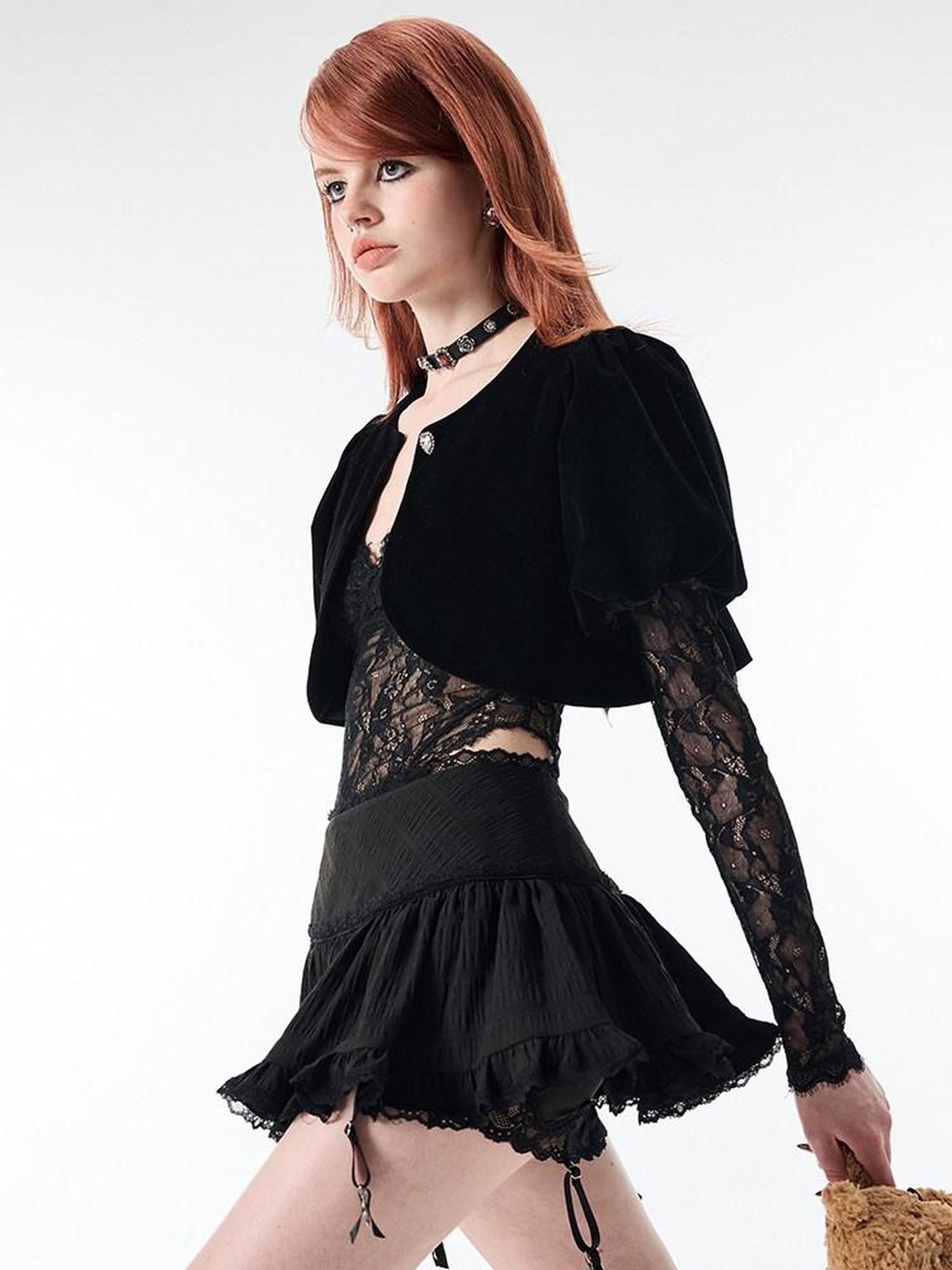 1JINN STUDIO Ballet Lace Trim Pleated Mid Waist Aline Women&