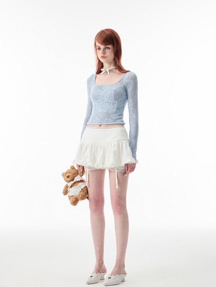 1JINN STUDIO Ballet Lace Trim Pleated Mid Waist Aline Women&