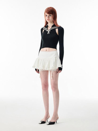 1JINN STUDIO Ballet Lace Trim Pleated Mid Waist Aline Women&