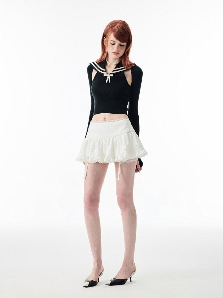 1JINN STUDIO Ballet Lace Trim Pleated Mid Waist Aline Women&