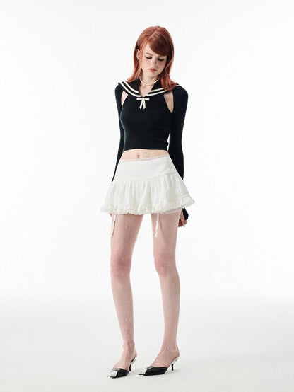 1JINN STUDIO Ballet Lace Trim Pleated Mid Waist Aline Women&