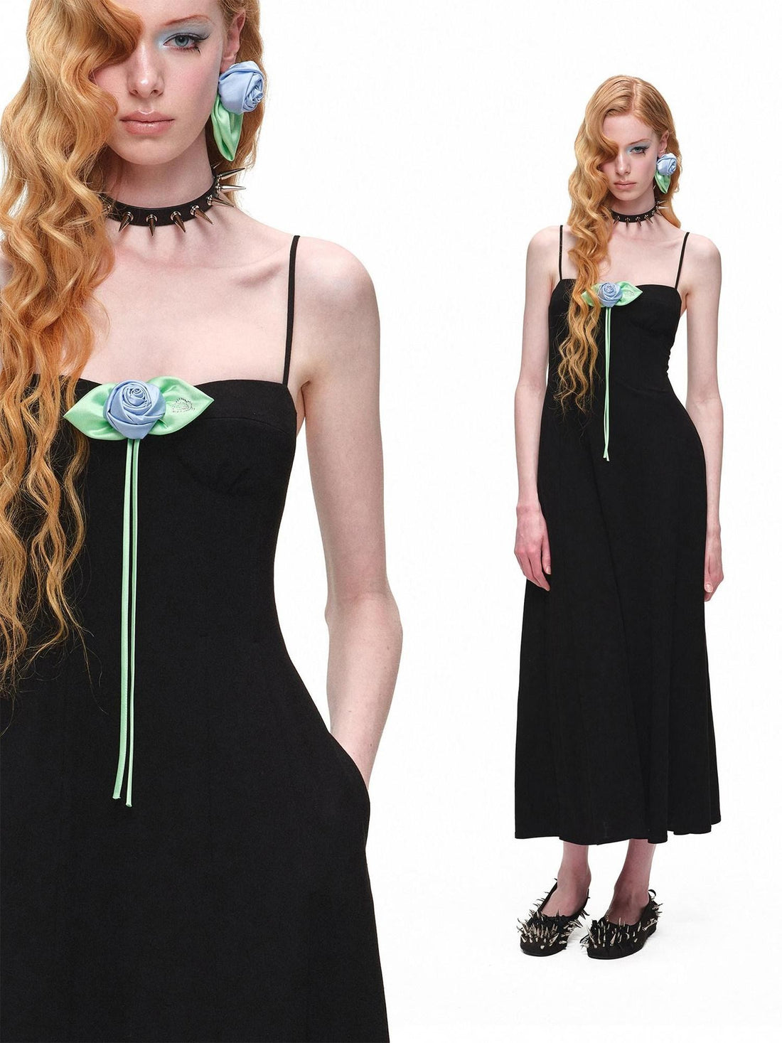 1JINN STUDIO Black Boned Corset Cinched Waist Rose Brooch A Line Women&