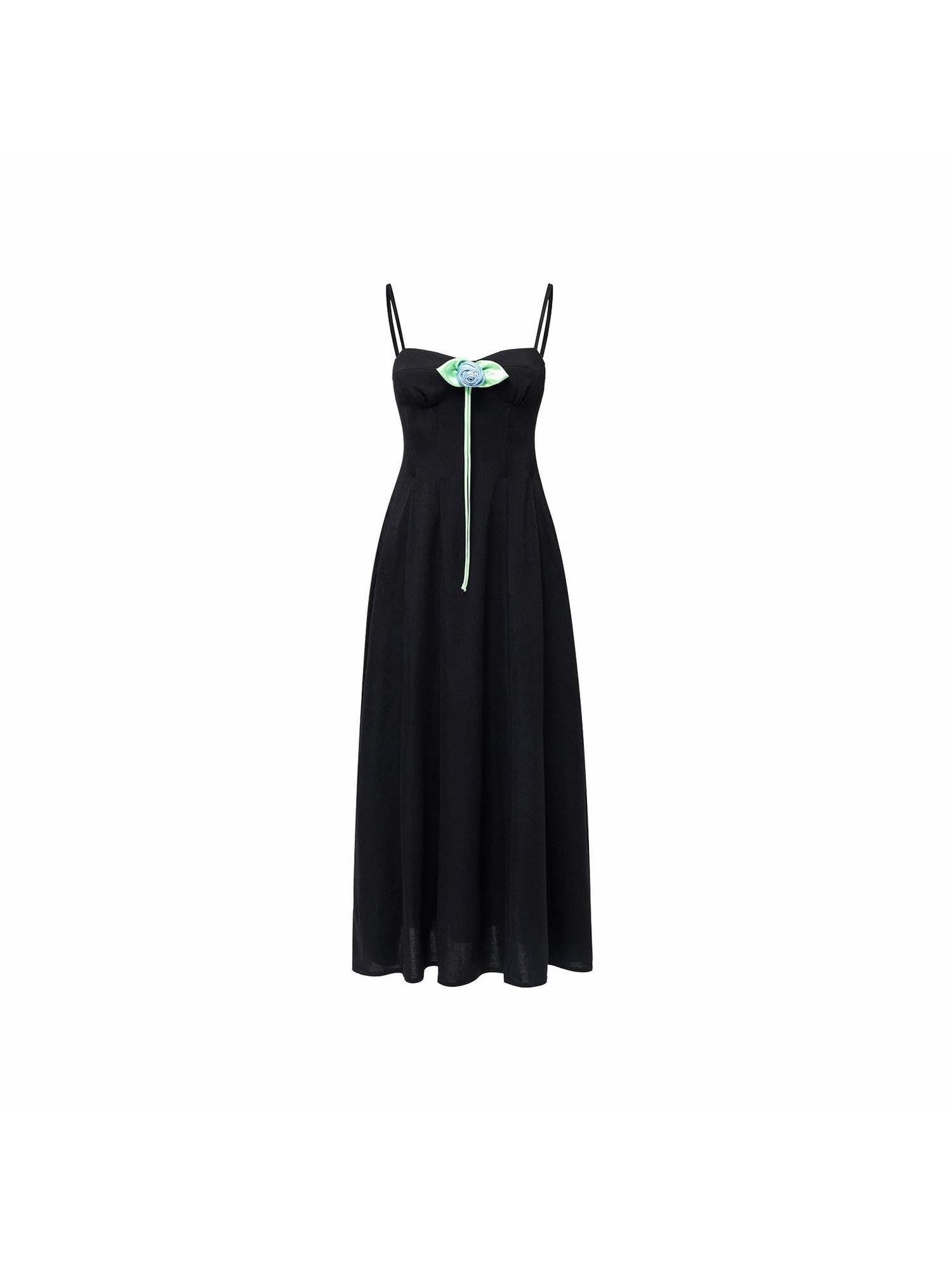 1JINN STUDIO Black Boned Corset Cinched Waist Rose Brooch A Line Women&