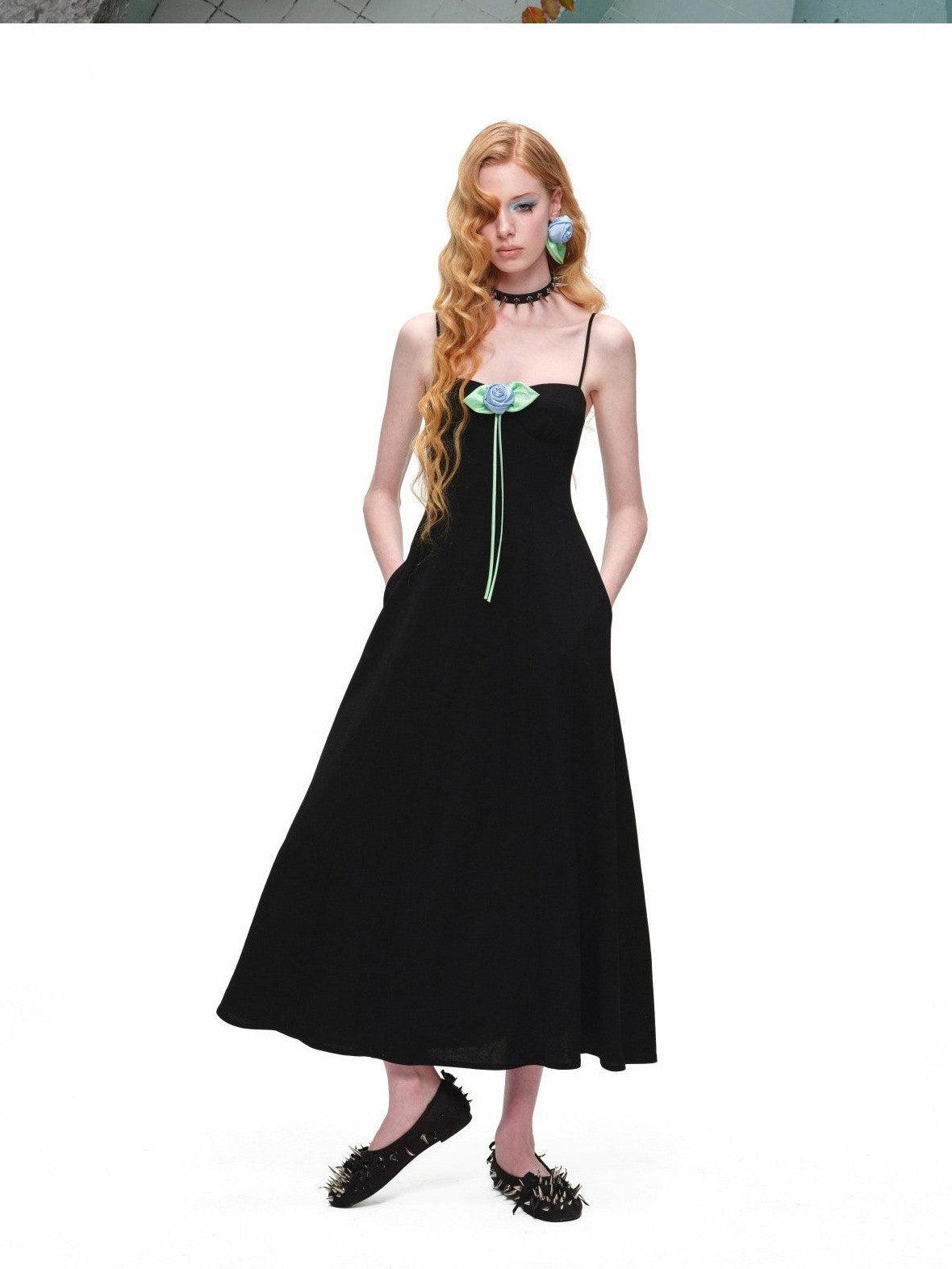 1JINN STUDIO Black Boned Corset Cinched Waist Rose Brooch A Line Women&