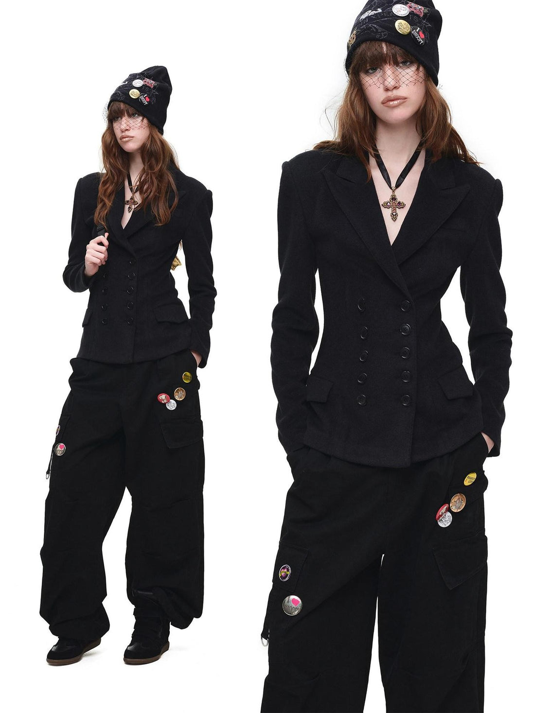 1JINN STUDIO Black Double Breasted Cinched Waist Hourglass Silhouette Women&
