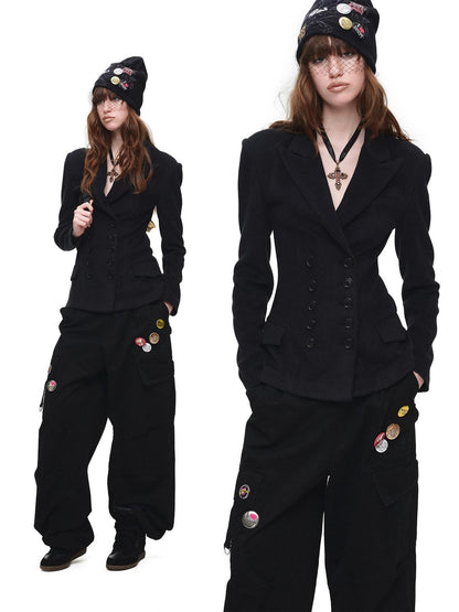 1JINN STUDIO Black Double Breasted Cinched Waist Hourglass Silhouette Women&
