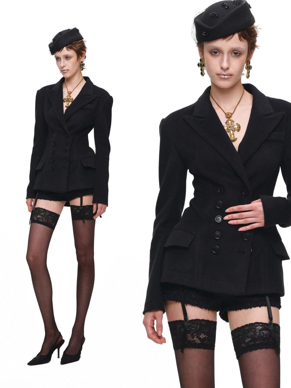 1JINN STUDIO Black Double Breasted Cinched Waist Hourglass Silhouette Women&