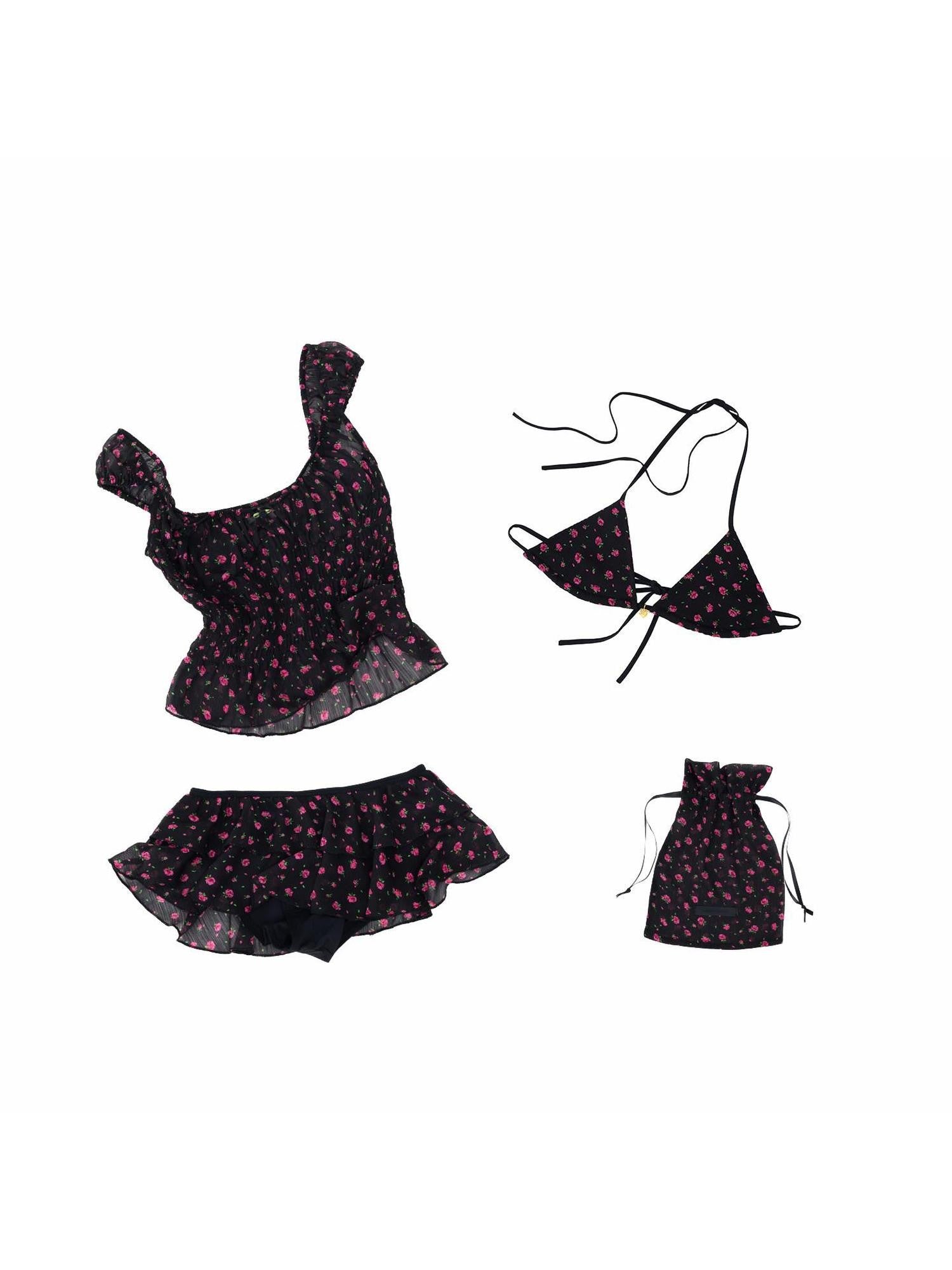 1JINN STUDIO Black Floral Large U Neck Ruffled Tiered Bikini Women&
