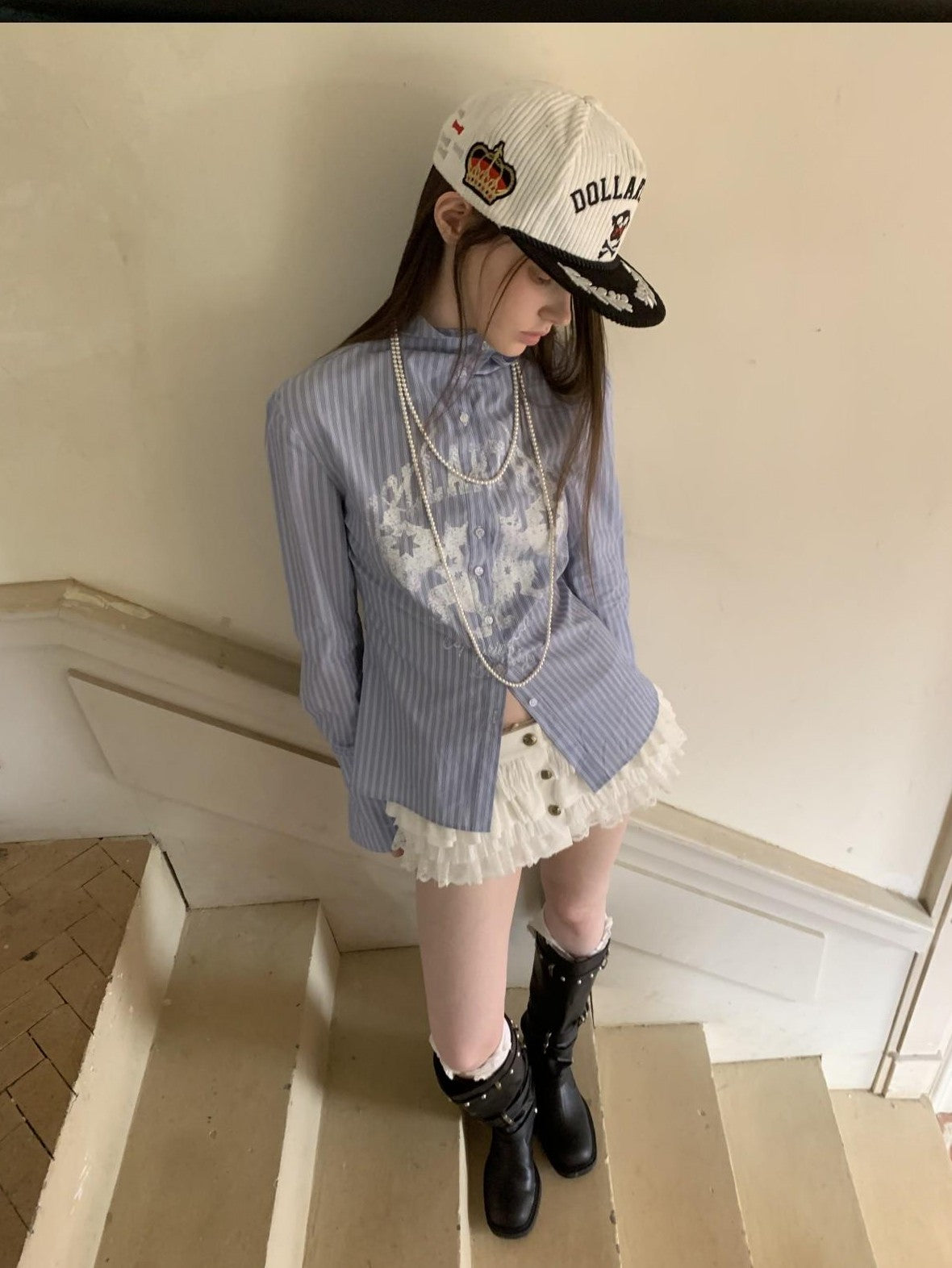 1JINN STUDIO Black White Embroidered Flat Brim Women&