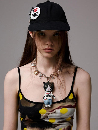 1JINN STUDIO Black White Polka Dot Animal Print Badge Patch Flat Brim Women&