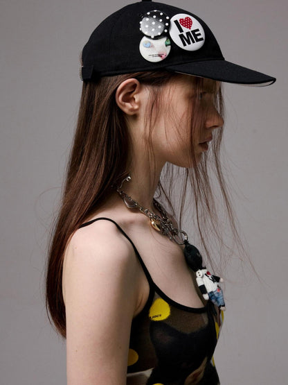 1JINN STUDIO Black White Polka Dot Animal Print Badge Patch Flat Brim Women&