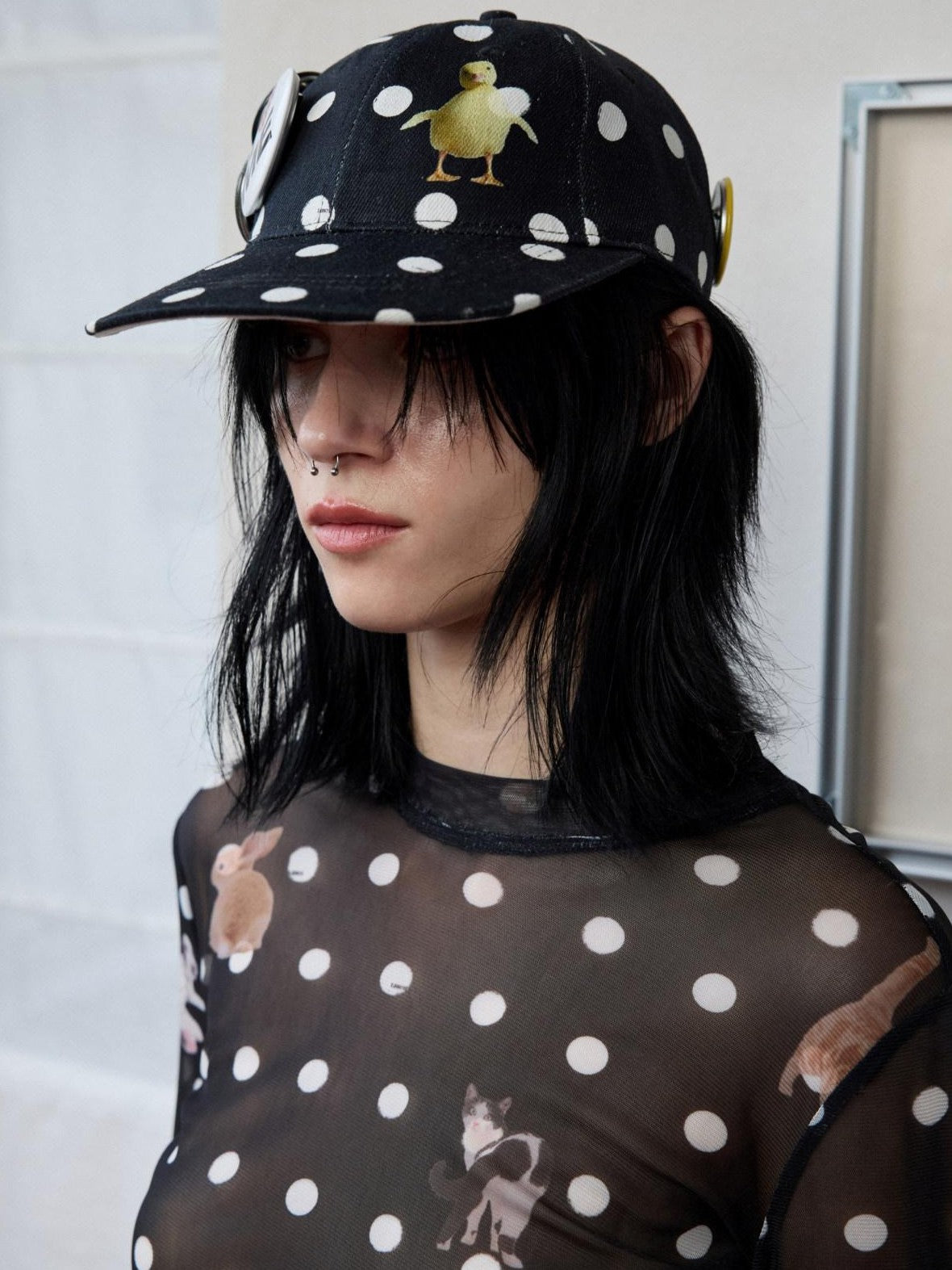 1JINN STUDIO Black White Polka Dot Animal Print Badge Patch Flat Brim Women&