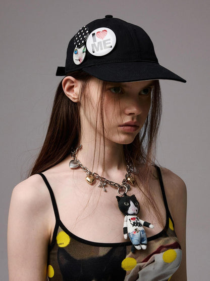 1JINN STUDIO Black White Polka Dot Animal Print Badge Patch Flat Brim Women&