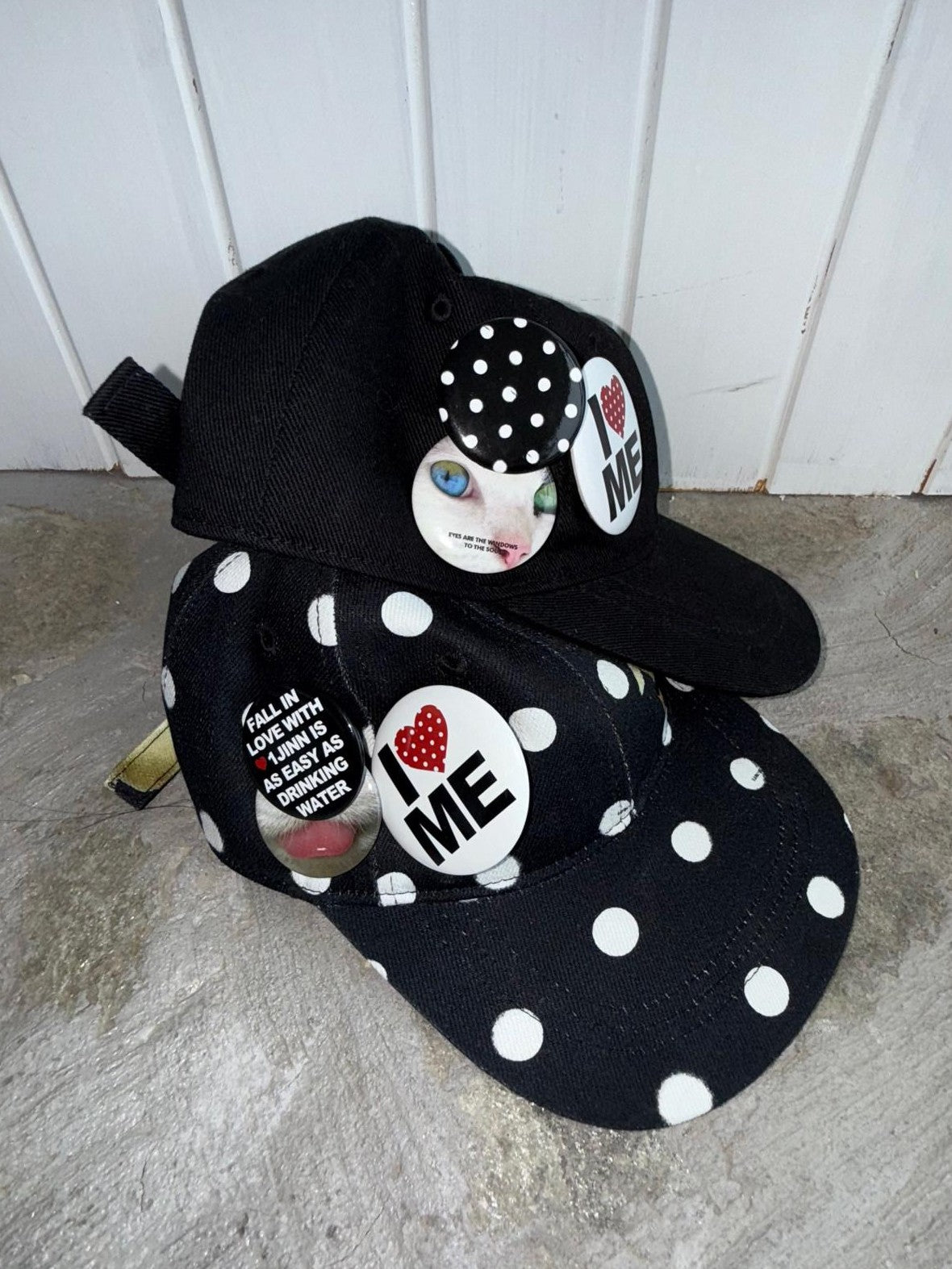 1JINN STUDIO Black White Polka Dot Animal Print Badge Patch Flat Brim Women&