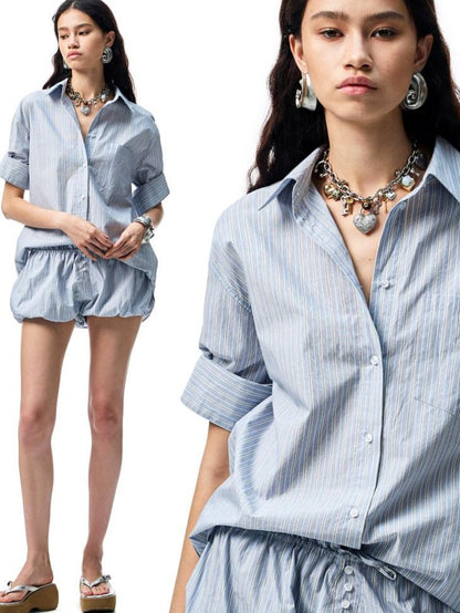 1JINN STUDIO Blue Striped Drop Shoulder Mid Sleeve Women&