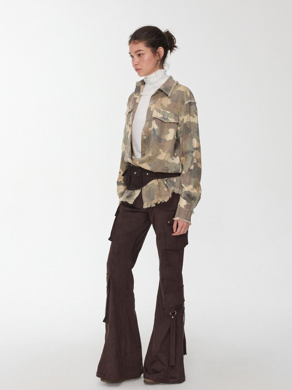 1JINN STUDIO Camel Gray Camo Washed Pleated Frayed Tassel Fitted Women&